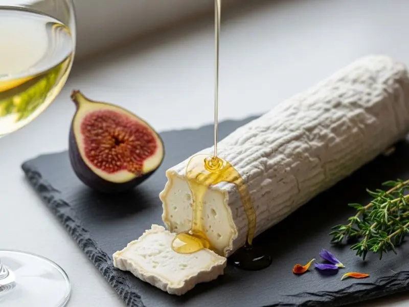 "Harmonização queijo vinho com chèvre fresco em ardósia com taça de Sancerre branco dourado pálido ao lado mel frescas e figo cortado ao meio em composição limpa e luminosa"