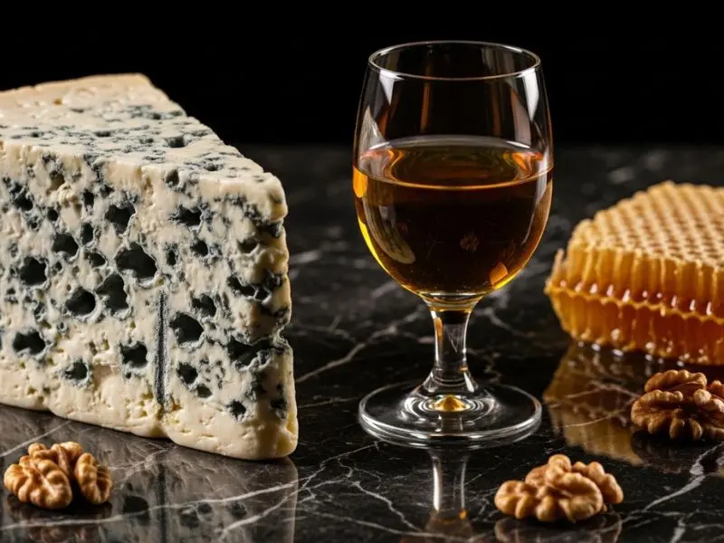 "Harmonização queijo vinho com fatia de Roquefort queijo azul em mármore escuro ao lado de taça de Sauternes âmbar dourado com nozes e favo de mel em iluminação dramática"