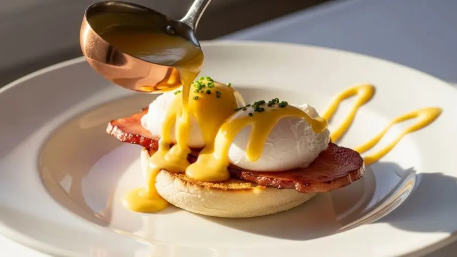 "Hollandaise sendo servida sobre ovos Benedict — ponto perfeito do molho emulsionado quente clássico francês"