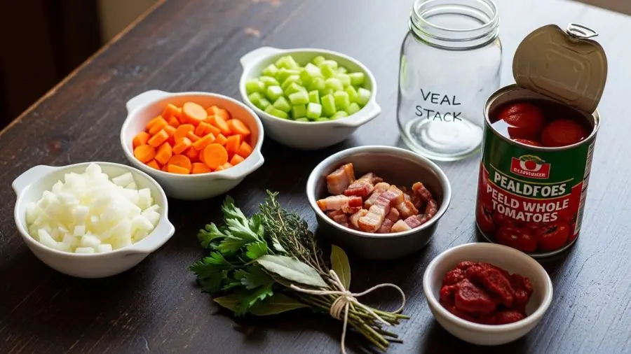"A mise en place antes de começar. O extrato de tomate (à direita) vai ser caramelizado antes de qualquer líquido entrar na panela."