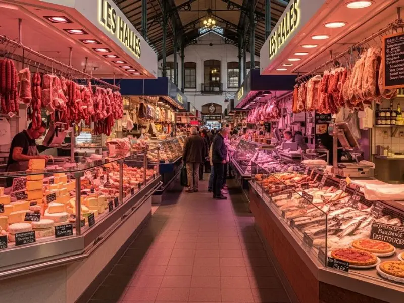 "Interior das Halles de Lyon Paul Bocuse com bancas de charcutaria salames pendurados queijos expostos frutos do mar e tartes de pralinê rosa em mercado animado com luz quente e clientes locais"