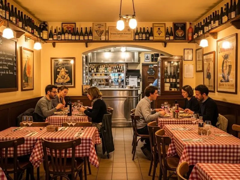 "Interior de bouchon lyonnais tradicional com toalhas xadrez vermelho e branco cadeiras de madeira pôsteres de vinho antigos cardápio em lousa com pratos clássicos e atmosfera íntima e aconchegante"