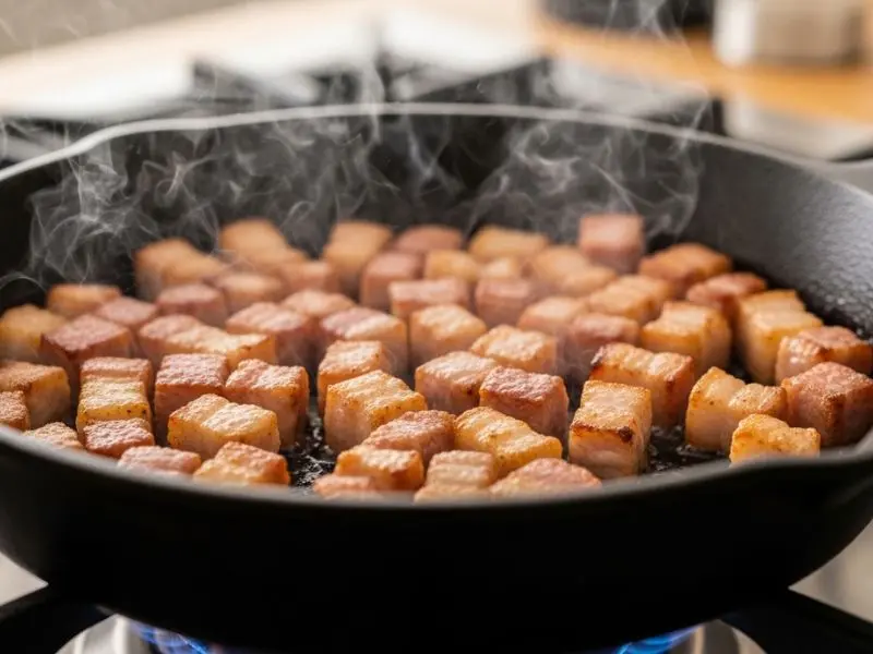 "Lardons de bacon em cubos dourado em frigideira pesada sem gordura adicional com gordura própria rendendo para a quiche lorraine receita"