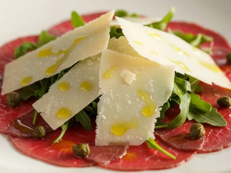 "Lascas finas de parmigiano reggiano curado sobre carpaccio de carne com rúcula alcaparras fio de azeite de oliva extra virgem e limão em apresentação de fine dining com luz natural"