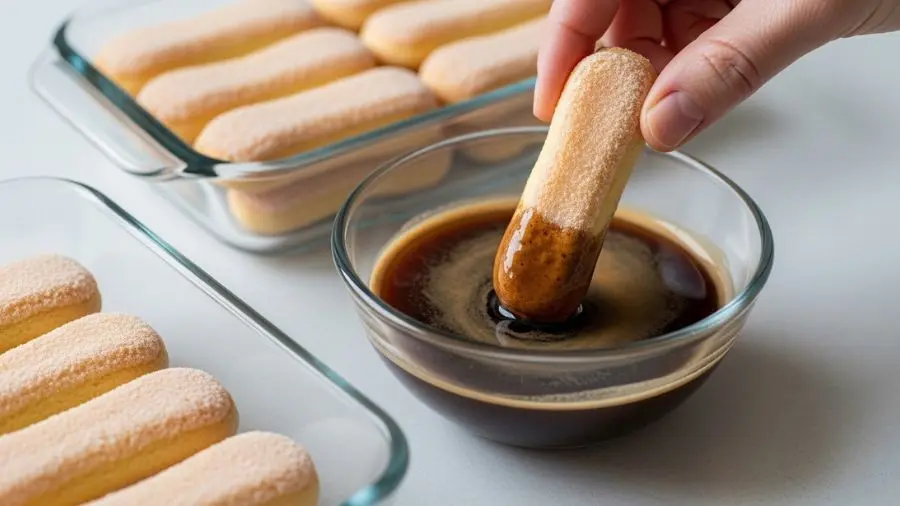 "Mão mergulhando rapidamente savoiardi em pequena tigela de espresso frio escuro por breve momento sem submergir apenas mergulho rápido em cada lado biscoito removido após 1 a 2 segundos mostrando absorção superficial do espresso mas mantendo estrutura sem se desfazer outros savoiardi já mergulhados dispostos em primeira camada de travessa de vidro retangular"