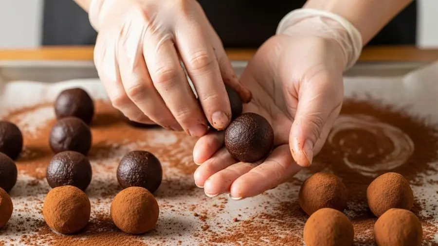 "Mãos com luvas rolando pequenas bolinhas de recheio de trufa de ganache de chocolate amargo entre as palmas várias bolinhas de trufa concluídas visíveis em bandeja forrada com papel manteiga polvilhada com cacau ganache escura fosca e rica algumas trufas já roladas em cacau sem açúcar mostrando acabamento clássico de trufa francesa em luz natural quente de cozinha"