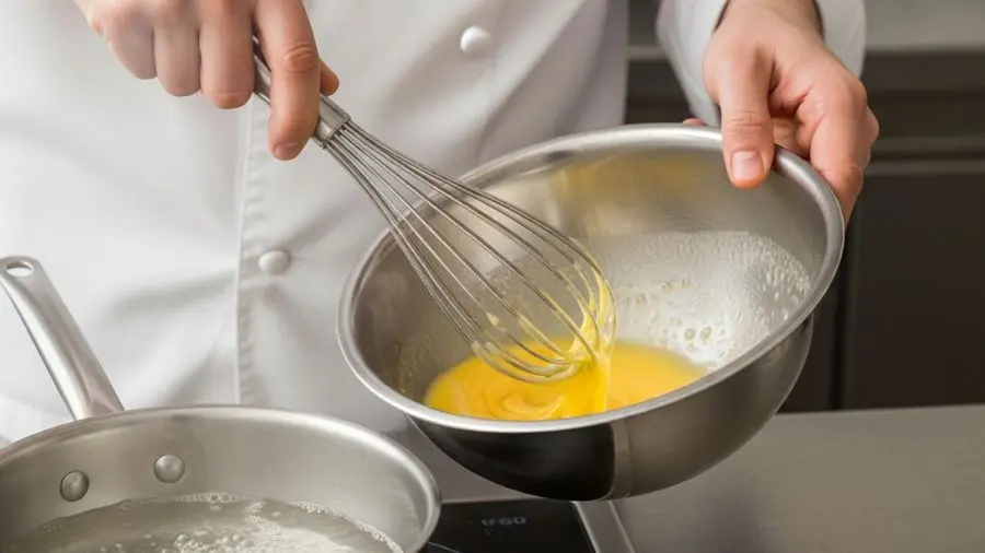 "Mãos de chef batendo vigorosamente gemas em tigela de inox sobre banho-maria com água quase fervendo gemas amarelo pálido engrossando e fouet deixando trilhas visíveis na mistura com vapor subindo ao redor" 