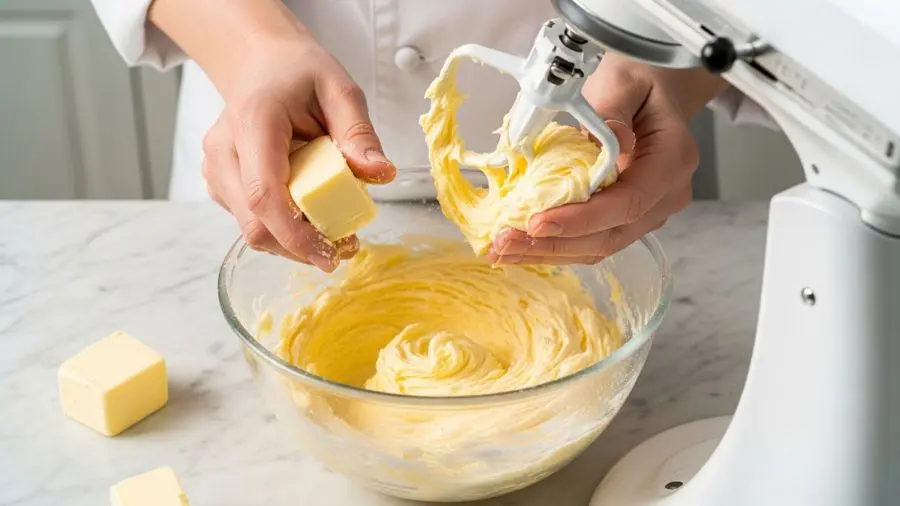 "Mãos de chef confeiteiro trabalhando manteiga europeia fria em pâte sucrée em superfície de mármore manteiga sendo cremada com açúcar em tigela de batedeira mostrando textura pálida fofa e leve que indica aeração adequada manteiga dourado-amarela intensa de alta qualidade cultivada europeia tigela mostrando mistura antes de adicionar a farinha cor e textura são indicadores-chave de qualidade da manteiga em luz natural de cozinha"