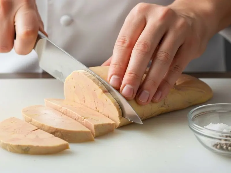 "Mãos de chef cortando escalopes precisos de 2cm de lobo de foie gras fresco em tábua limpa com sal e pimenta branca para preparo do foie gras poêlé" 