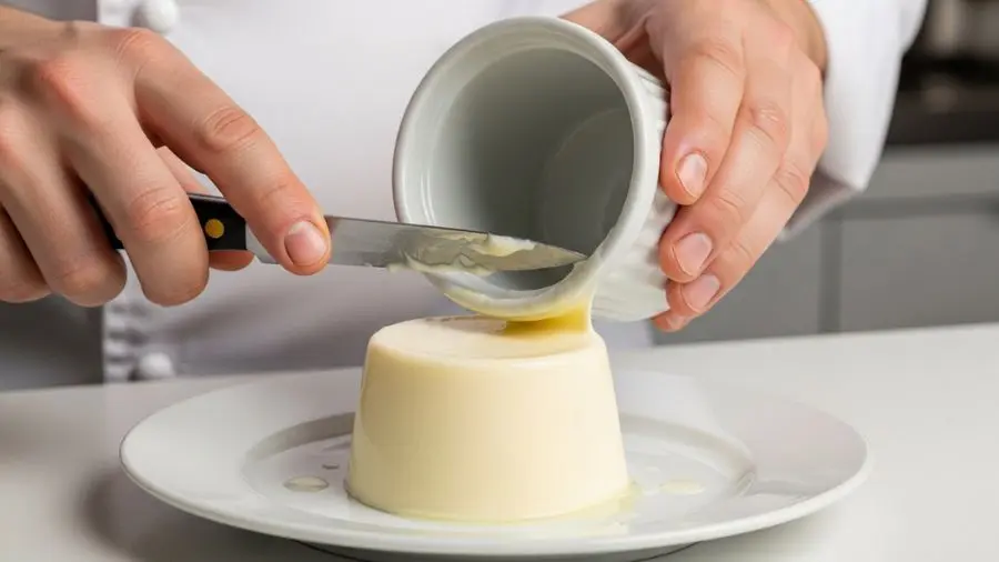 "Mãos de chef desenformando panna cotta com cuidado faca pequena passando suavemente ao redor da borda interna de ramequin branco de cerâmica depois ramequin invertido sobre prato branco pequeno panna cotta deslizando limpamente mantendo forma cilíndrica perfeita com topo levemente abaulado tornando-se fundo superfície lisa e impecável em luz natural de cozinha" 