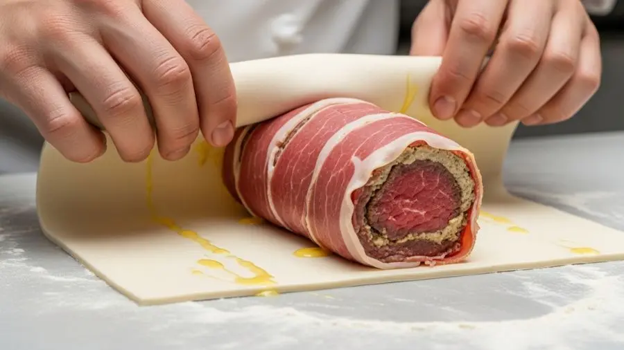 "Mãos de chef envolvendo cuidadosamente o cilindro formado de Beef Wellington já embrulhado em presunto e duxelles com plástico filme removido em folha de massa folhada em superfície levemente enfarinhada massa fina e uniforme sendo enrolada firmemente ao redor do rolo de bife costura sendo pressionada firmemente para selar cilindro de bife claramente cilíndrico e compacto pequenas quantidades de ovo de pincel visíveis na massa para selar técnica precisa e praticada luz natural de cozinha" 