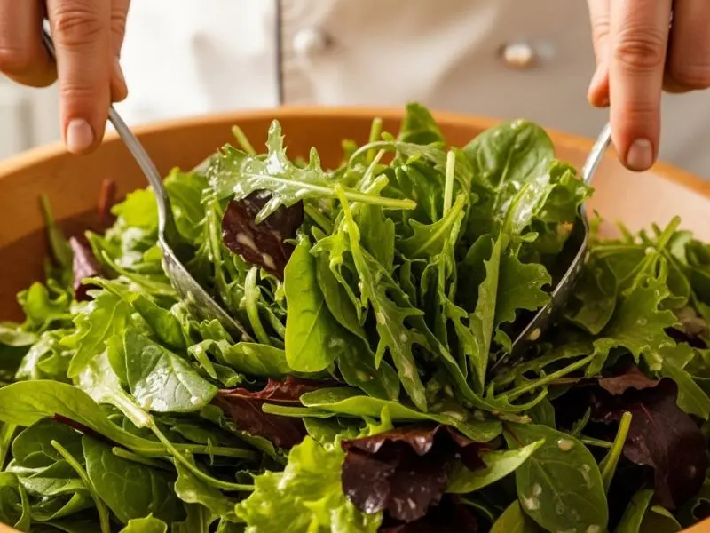 "Mãos de chef envolvendo salada de folhas verdes em tigela de madeira com vinagrete perfeito cobrindo cada folha uniformemente sem excesso de molho"