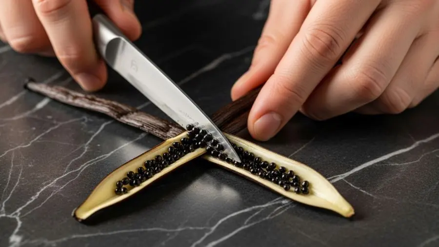 "Mãos de chef executando a técnica clássica de raspagem de fava de baunilha em superfície de mármore escuro faca pequena dividiu a fava de baunilha de Madagáscar no comprimento e a lâmina plana está sendo arrastada ao longo da superfície interna para raspar o caviar preto sementes claramente visíveis aglomerado escuro brilhante e úmido interior da fava mostrando superfície cremosa coberta de sementes em luz quente natural de cozinha" 