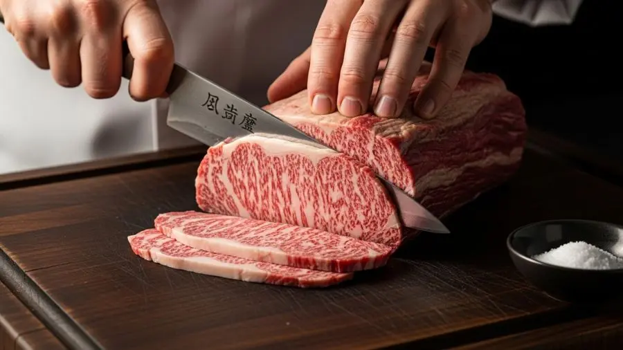"Mãos de chef fatiando peça espessa de wagyu A5 contra a fibra com faca japonesa afiada em tábua de corte de madeira escura superfície do corte revelando marmoreio extraordinário seção transversal bela de músculo vermelho entrelaçado com gordura branca densa fatia de cerca de 1cm de espessura gordura já mostrando sinais leves de amolecimento em temperatura ambiente com pequena tigela de flor de sal e iluminação lateral dramática"