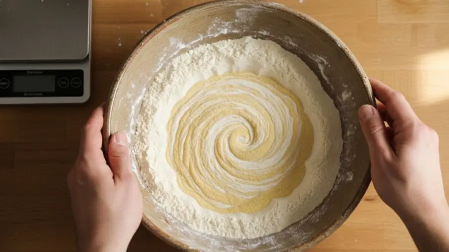 "Mãos misturando duas farinhas diferentes em tigela cerâmica grande farinha 00 branca e semolina dourada criando padrão marmorizado e redemoinhado antes de serem completamente combinadas com contraste de cor claro e belo balança de cozinha visível ao fundo em iluminação quente natural de cozinha"