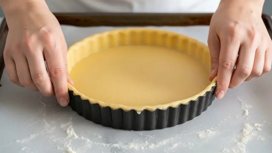 "Mãos pressionando cuidadosamente folha fina de pâte sucrée em aro de tarte canelado em assadeira massa fina uniforme e dourada de gemas polegares pressionando suavemente nas bordas caneladas criando impressões nítidas na massa aro de cerca de 22cm de diâmetro superfície da massa lisa e uniforme com leve polvilhamento de farinha na superfície de mármore em luz natural de cozinha"