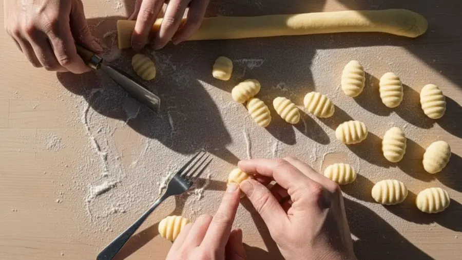 "Mãos rolando massa de gnocchi em rolo longo e fino em superfície levemente enfarinhada depois cortando em pedaços iguais com raspador de bancada em primeiro plano gnocchi sendo rolados sobre garfo criando estrias clássicas com polegar pressionando suavemente enquanto rola a peça pelas dentes do garfo" 