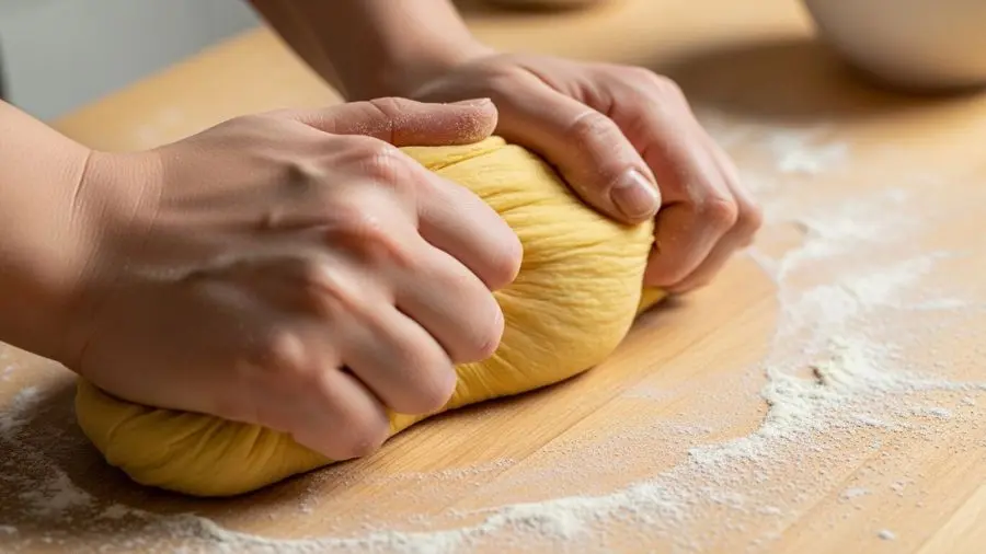 "Mãos sovando massa de tagliatelle fresco amarelo dourado em superfície de trabalho de madeira levemente enfarinhada técnica italiana de empurrar e dobrar massa claramente bem desenvolvida lisa e elástica sem rachaduras com luz natural quente de cozinha" 