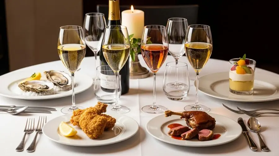 "Mesa de harmonização champagne com quatro taças de estilos diferentes blanc de blancs brut rosé e vintage ao lado de ostras frango frito confit de pato e sobremesa de frutas em jantar elegante" 
