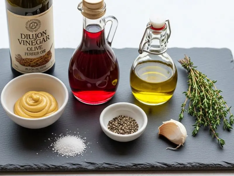 "Mise en place completo para vinagrete perfeito com mostarda Dijon vinagre de vinho tinto azeite extra virgem flor de sal pimenta alho e tomilho em ardósia limpa"