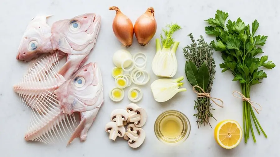 "Mise en place limpa e vista de cima em mármore branco mostrando componentes ideais para fumet de poisson espinhas e cabeças de peixe brancas e frescas de linguado rodovalho ou halibute brancos firmes mostrando frescor ao lado mirepoix branco clássico cortado em fatias finas echalotes pálidas rodelas de alho-poró branco fatias de cogumelo branco e fatia de funcho feixe de ervas frescas incluindo talos de salsinha lisa tomilho folha de louro amarrados com barbante rodela de limão e copo pequeno de vinho branco seco Muscadet ou Chablis a mise en place comunica frescor e precisão"