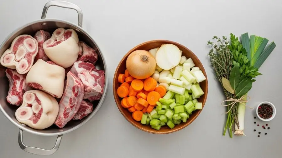 "Mise en place vista de cima em superfície de trabalho de cozinha profissional mostrando componentes para fundo de vitela antes de cozinhar à esquerda ossos de vitela branqueados joelhos ossos do pescoço costelas em insert grande de panela de caldo brancos e limpos mostrando que o branqueamento removeu as impurezas ao centro mirepoix clássico cortado em pedaços uniformes de 2cm cebola amarela pálida cenoura laranja salsão verde pálido em tigela de madeira à direita bouquet garni amarrado com barbante de cozinha tomilho folhas de louro talos de salsinha pimenta-do-reino em grãos alho-poró verde"