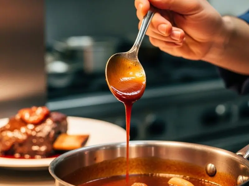 Molho de brasado reduzido com consistência nappant caindo em fio de colher demonstrando técnica de brasear completa com costela bovina ao fundo em prato branco