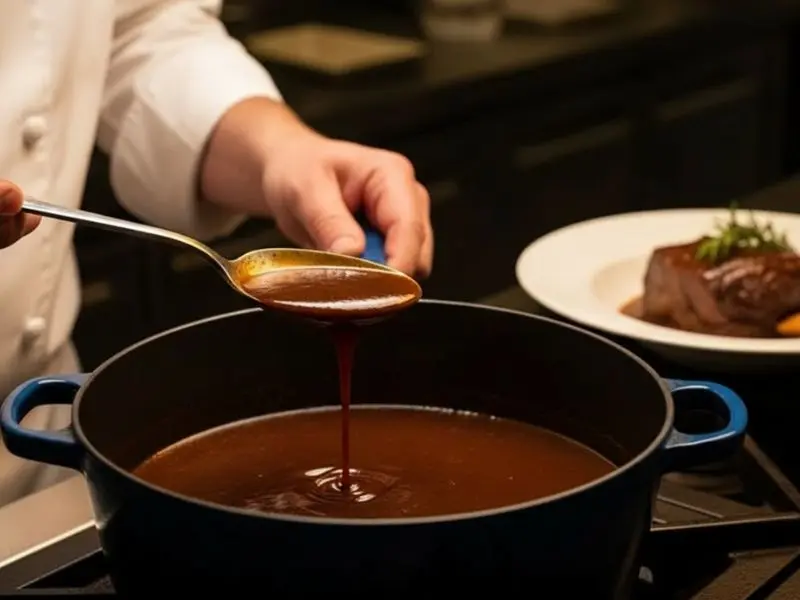 "Molho de brasado reduzido com consistência nappant caindo em fio de colher demonstrando técnica de brasear completa com costela bovina ao fundo em prato branco"