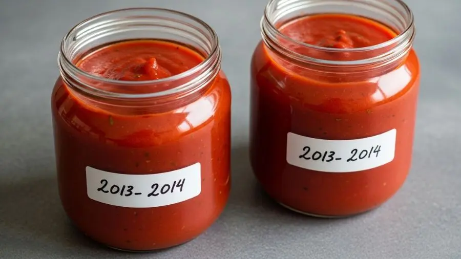 "Molho de tomate francês clássico armazenado em potes de vidro com etiqueta de data"