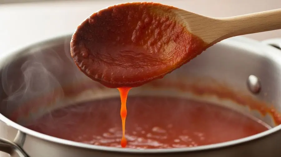 "Molho de tomate francês no ponto — teste da colher mostrando consistência correta"