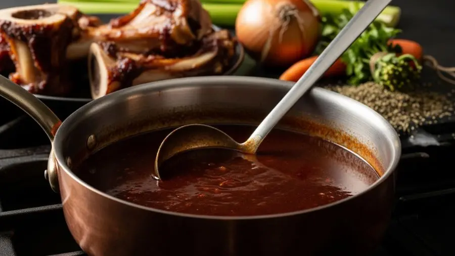 "O Espagnole no ponto: cor de mogno escuro, superfície brilhante, consistência que napa — cobre as costas da colher sem escorrer de imediato. Isso não acontece por acaso." -->