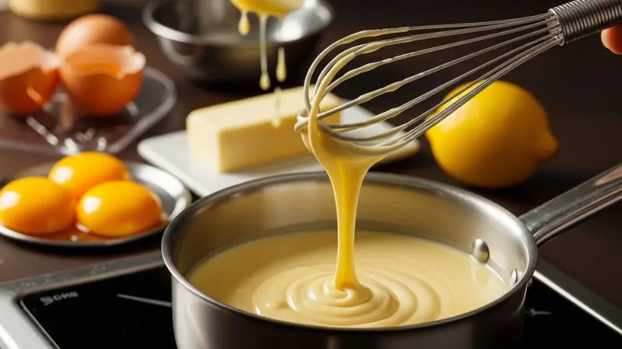 "Hollandaise no ponto: amarelo pálido, consistência que napa, superfície brilhante. Tudo isso a 63°C — nem mais, nem menos." -->