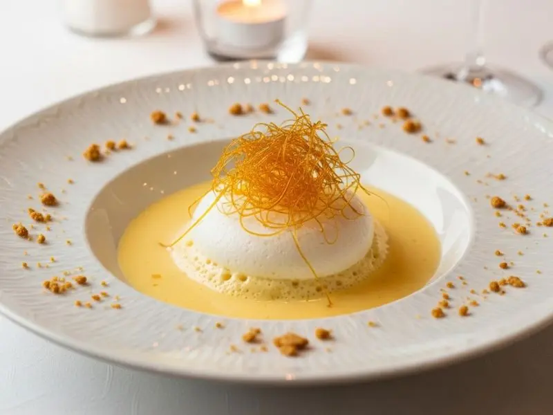 "Montagem final de île flottante receita em prato fundo branco com crème anglaise dourado merengue pochê flutuando ao centro fios de caramelo âmbar e pralinê em ambiente de fine dining"