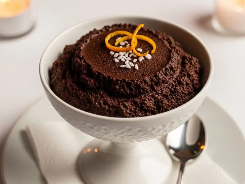 "Mousse au chocolat servida em coupe de cerâmica branca com textura aerada escura levemente irregular flor de sal na superfície e raspa de laranja em ambiente de jantar elegante"