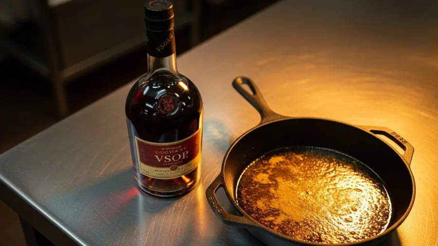 "garrafa de cognac vsop ao lado de frigideira de ferro com fundo de deglaçagem em cozinha profissional"