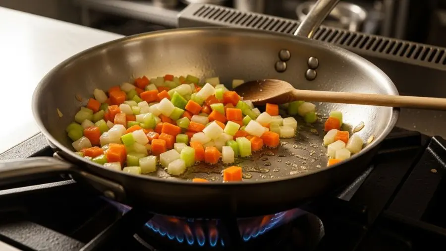 "mirepoix de cebola cenoura e aipo dourados em manteiga para molho de tomate francês"