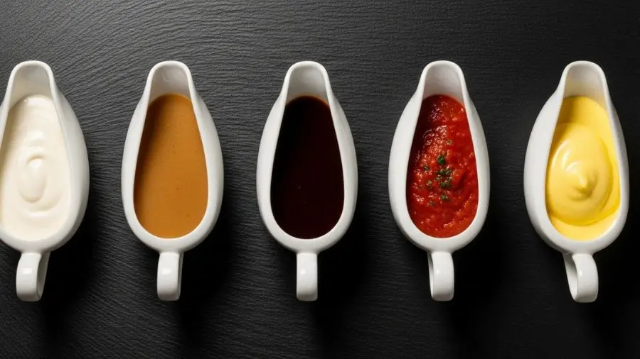"Os cinco molhos mães da culinária francesa em molheiras de porcelana — Béchamel, Velouté, Espagnole, Sauce Tomat e Hollandaise"