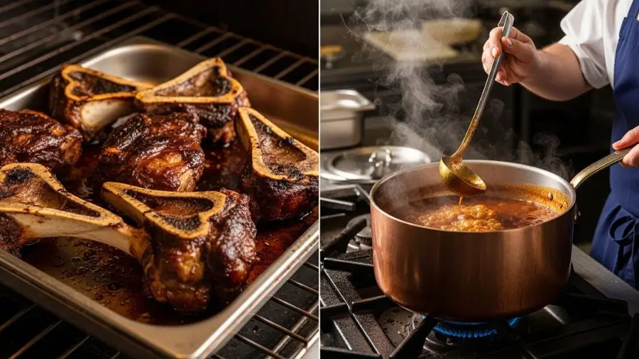 "Ossos de vitela assados no forno para fundo escuro e Espagnole borbulhando na panela de cobre — base do Demi-Glace profissional" 