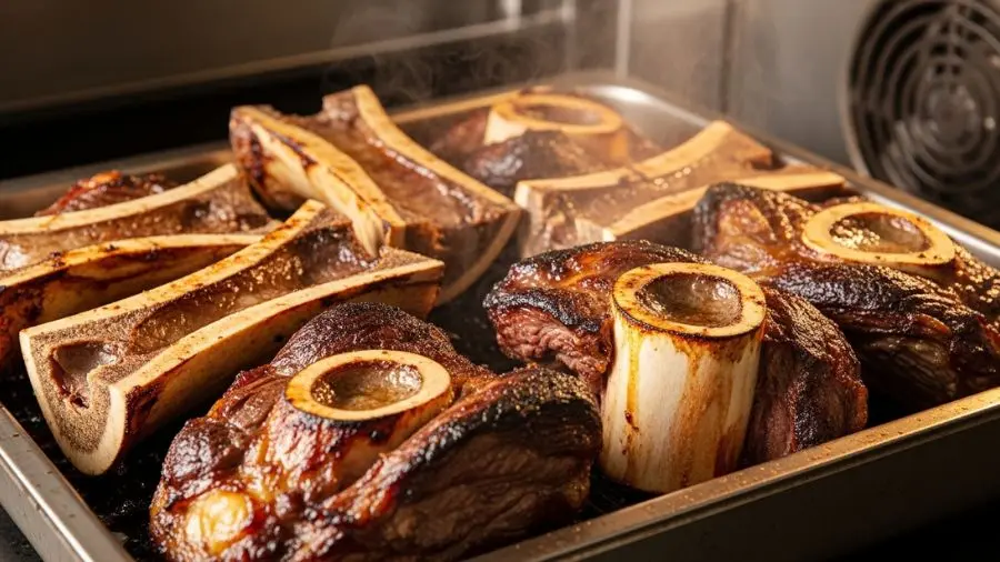 "Ossos de vitela ou boi assando em assadeira pesada dentro de forno profissional no ponto máximo de caramelização dourado escuro com gordura derretida e colágeno caramelizado visível"