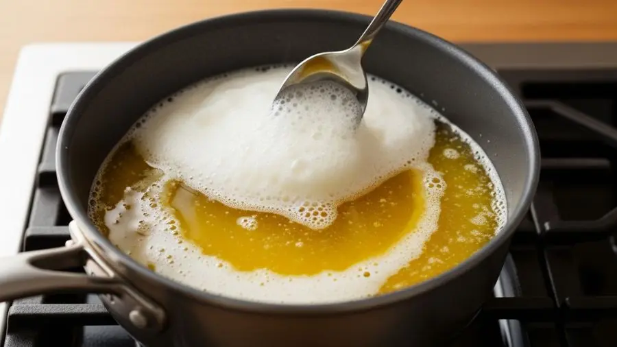 "Panela com manteiga sendo clarificada em fogo baixo mostrando separação em três camadas espuma branca no topo manteiga clarificada dourada no meio e soro leitoso no fundo com colher removendo a espuma"