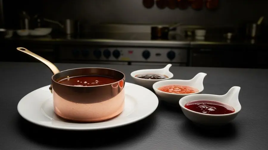 "Panela de cobre com molho espagnole finalizado cor mogno brilhante ao lado de três derivados clássicos demi-glace molho robert e bordelaise em pequenas tigelas em cozinha profissional com iluminação chiaroscuro"