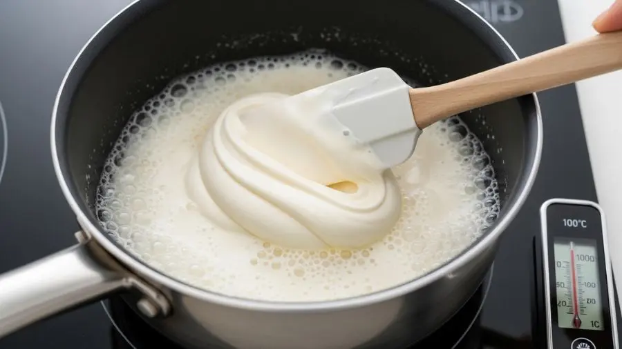  "Panela em fogo médio mostrando creme e ágar-ágar em fervura suave mas definitiva creme levemente borbulhando na superfície sem ferver violentamente espátula de silicone mexendo mistura mostrando creme cobrindo as costas da espátula uniformemente termômetro de cozinha marcando acima de 100 graus celsius"