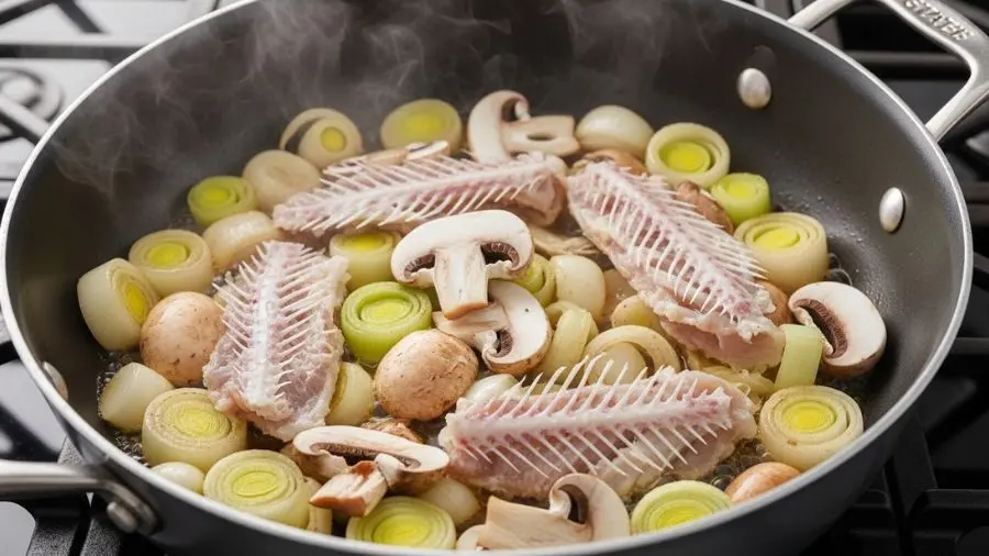 "Panela larga de fundo grosso em fogo baixo mostrando técnica de suage para fumet echalotes rodelas de alho-poró fatias de cogumelo e espinhas de peixe suando suavemente em manteiga sem cor os legumes estão translúcidos amolecidos e brilhantes com manteiga liberando sua umidade as espinhas de peixe começando a mudar de translúcidas para levemente opacas nas bordas indicando o calor suave sem douramento em nenhum lugar esta é deliberadamente sem cor a técnica comunica paciência e precisão finos fios de vapor subindo"