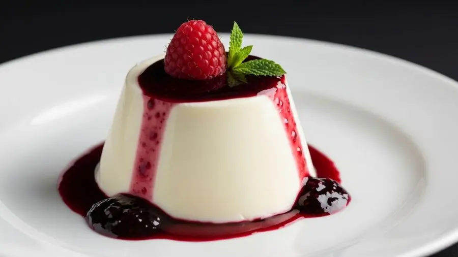 "Panna cotta no ponto certo: mantém a forma cilíndrica ao ser desenformada, mas treme quando o prato é movido. Essa tensão entre estrutura e movimento é o que define a textura ideal." -->