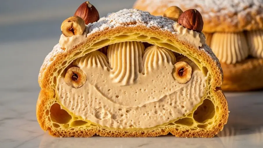  Paris-Brest receita corte transversal — interior com crème mousseline de praliné e avelãs
