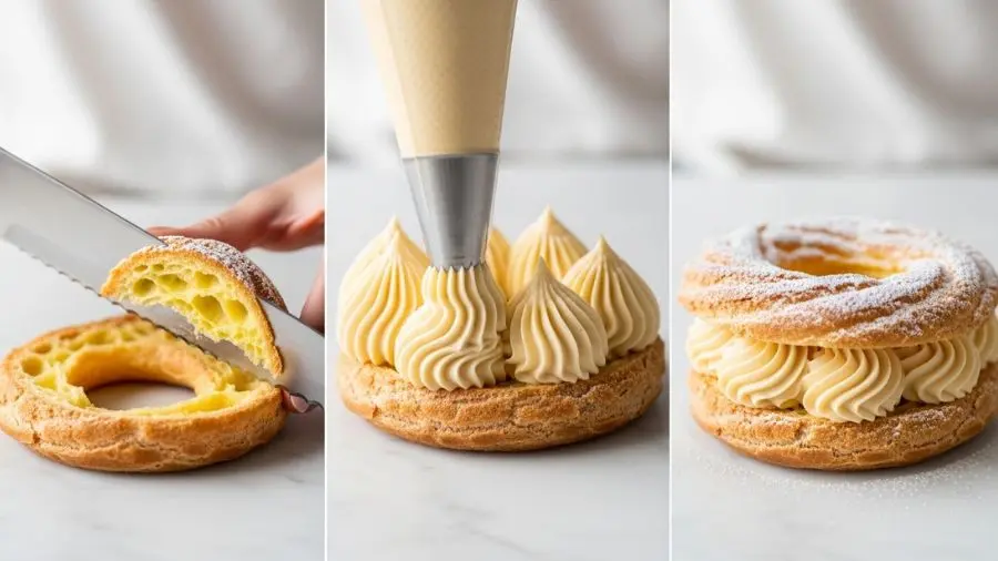  Paris-Brest receita montagem — corte do anel recheio com crème mousseline e finalização com açúcar