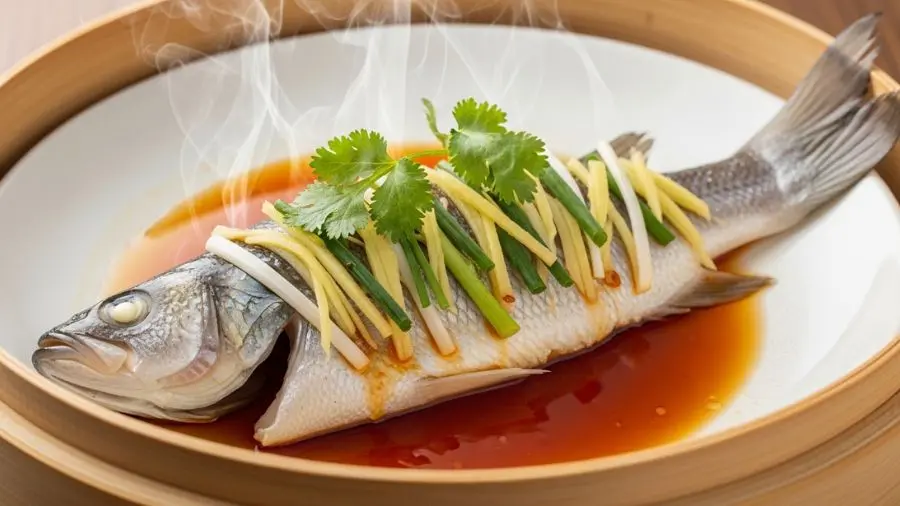 "Peixe no vapor estilo cantonês filé de robalo ou peixe pequeno inteiro em prato de cerâmica branca limpo dentro de cestilha de bambu peixe perfeitamente cozido opaco úmido e no ponto no topo tiras finas de julienne de gengibre fresco e cebolinha verde dispostos com precisão com fio de molho de soja quente e óleo de gergelim ainda brilhante folhas de coentro fresco completando a guarnição fios de vapor ainda subindo do peixe bambu dando calor à cena prato elegante em sua simplicidade"