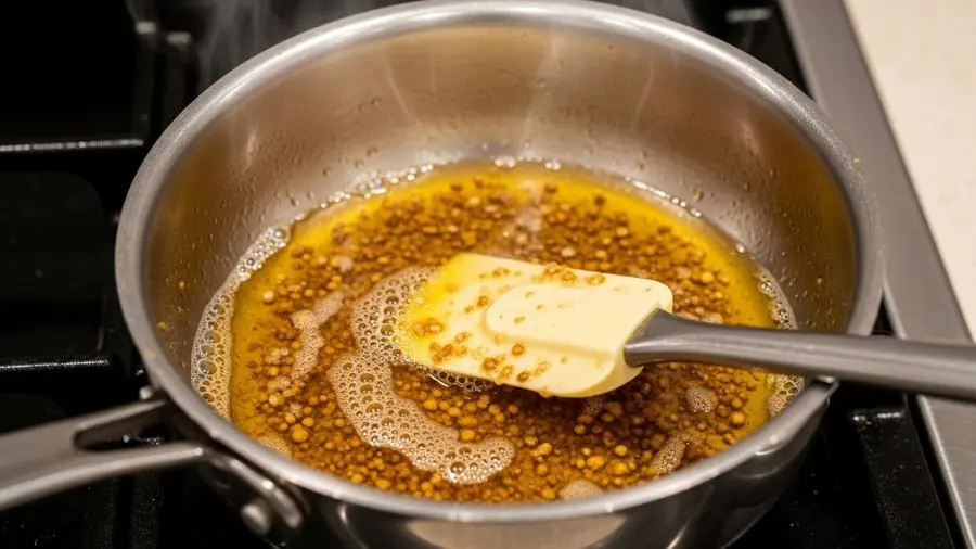 "Pequena panela de inox em fogo médio com manteiga noisette no ponto perfeito manteiga cor dourado-âmbar profunda com pequenos sólidos marrons visíveis no fundo torrados mas não queimados espuma dissipada manteiga com cor quente brilhante e bonita espátula de silicone na panela pequenas volutas de vapor subindo fundo de cozinha escura"