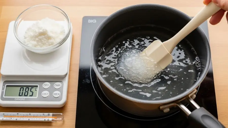 "Pequena panela em fogo médio mostrando pó de agar-agar sendo dissolvido em líquido transparente líquido em ebulição suave e o pó de agar completamente dissolvido criando líquido completamente transparente e levemente viscoso balança digital mostrando 0,8g em seu display ao lado de pequena tigela de pó branco de agar termômetro de cozinha marcando 100 graus celsius líquido sendo mexido com espátula de silicone cena precisa e científica técnica não apenas cozinha luz quente natural de cozinha" 