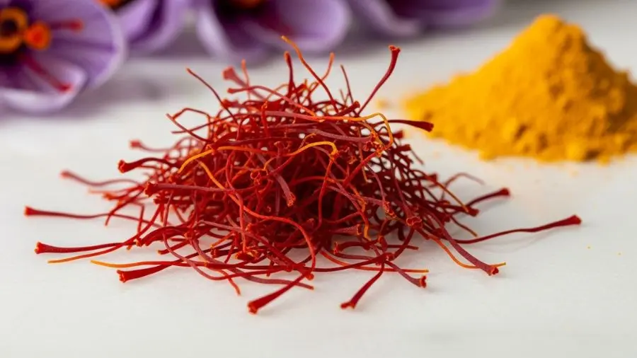 "Vermelho-carmim profundo, ponta alaranjada, aroma de mel e feno. Se os filamentos são curtos, pálidos ou uniformes demais — não é o que parece." -->